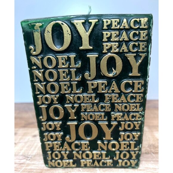 Green & Gold Decorative Holiday Candle With Embossed Text "Joy Peace Noel" - Picture 1 of 7